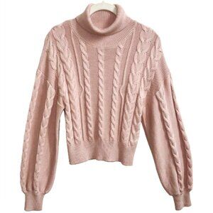 Guess Cable Knit Turtleneck Sweater Pink Medium Cozy Soft Balloon Sleeve